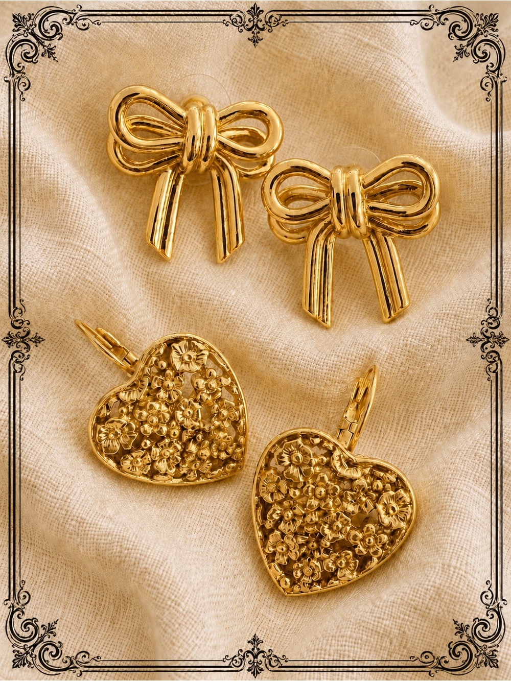 Gold Tone 1928 Heart Dangle Earrings & Coquette Bow Jewelry Set Lot
